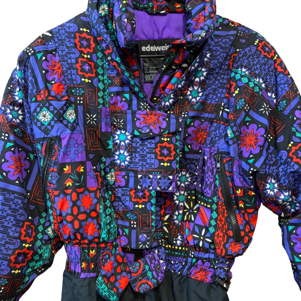 Vintage Edelweiss snow Ski Suit Women 10 Multi Color Patchwork Geometric 1 Piece